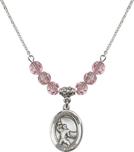 Sterling Silver Saint Christopher / Football Birthstone Necklace with Light Rose Beads - 8501