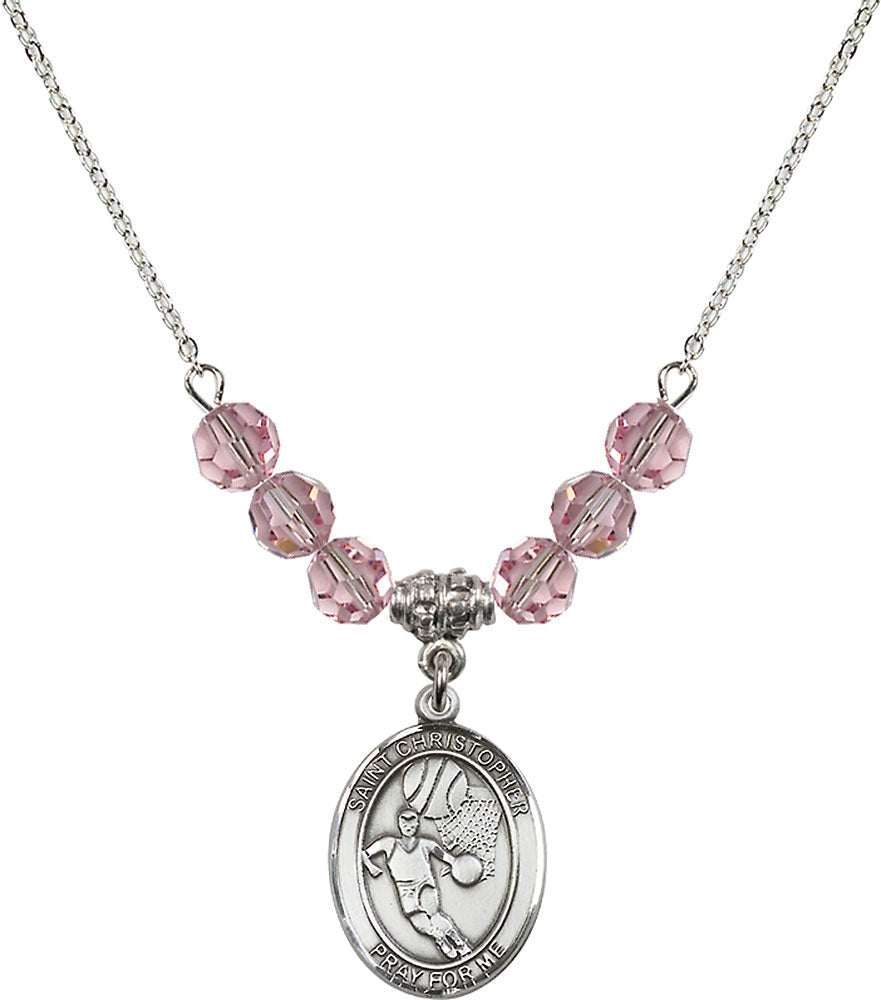 Sterling Silver Saint Christopher/Basketball Birthstone Necklace with Light Rose Beads - 8502