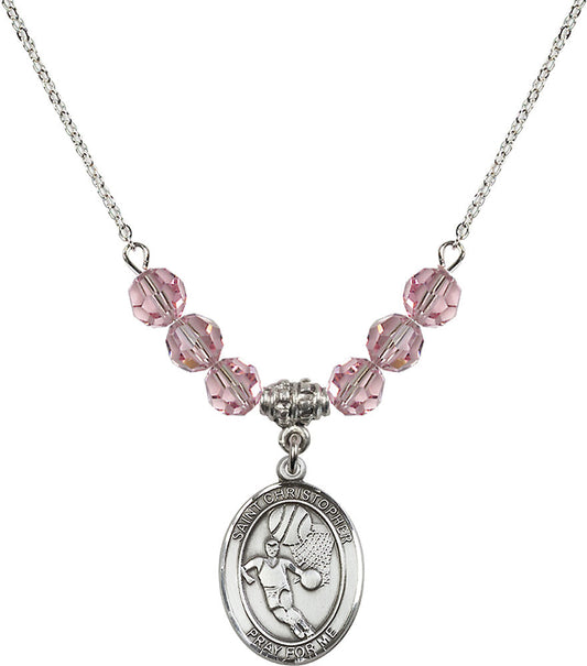 Sterling Silver Saint Christopher/Basketball Birthstone Necklace with Light Rose Beads - 8502