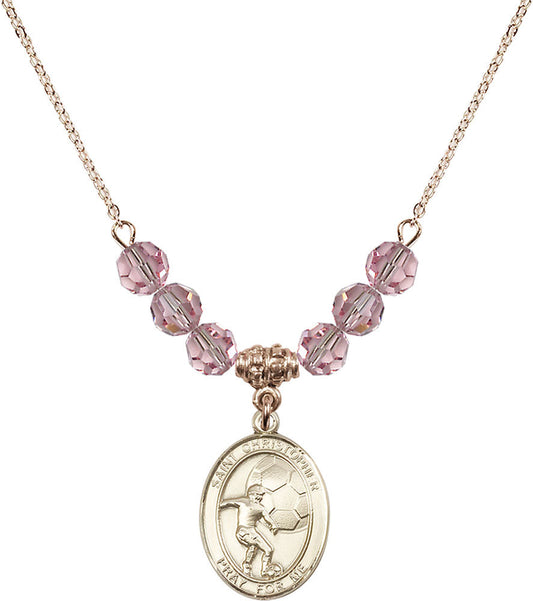 14kt Gold Filled Saint Christopher/Soccer Birthstone Necklace with Light Rose Beads - 8503