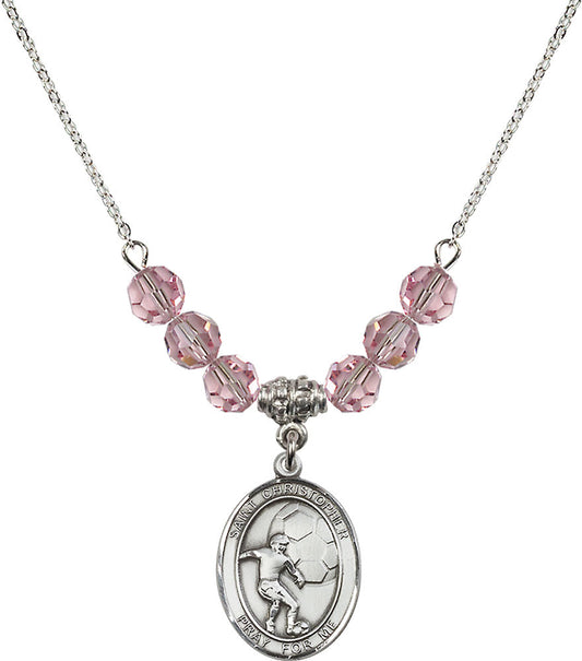Sterling Silver Saint Christopher/Soccer Birthstone Necklace with Light Rose Beads - 8503