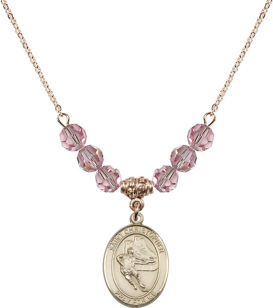 14kt Gold Filled Saint Christopher/Hockey Birthstone Necklace with Light Rose Beads - 8504