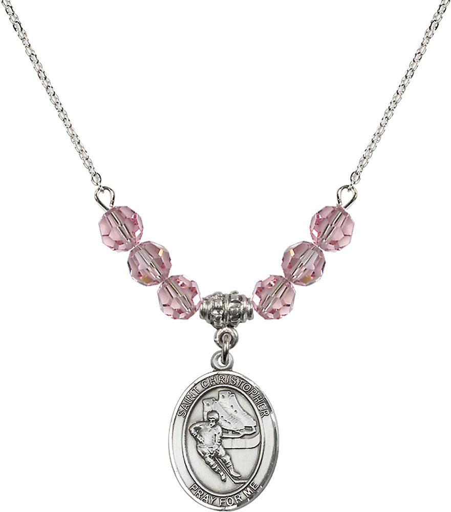Sterling Silver Saint Christopher/Hockey Birthstone Necklace with Light Rose Beads - 8504