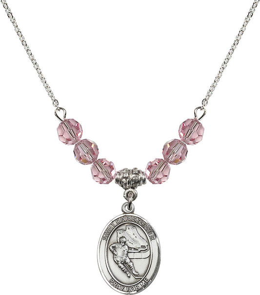 Sterling Silver Saint Christopher/Hockey Birthstone Necklace with Light Rose Beads - 8504
