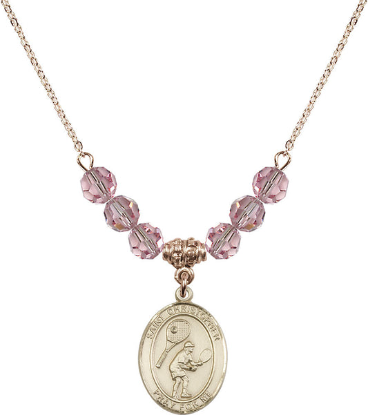 14kt Gold Filled Saint Christopher/Tennis Birthstone Necklace with Light Rose Beads - 8505