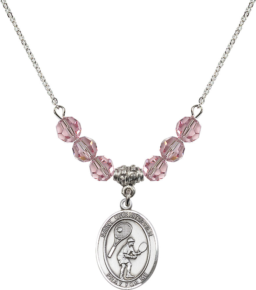 Sterling Silver Saint Christopher/Tennis Birthstone Necklace with Light Rose Beads - 8505