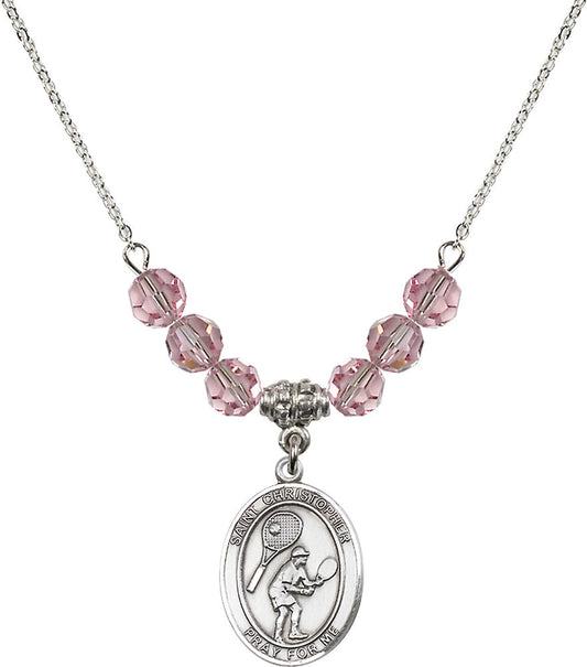 Sterling Silver Saint Christopher/Tennis Birthstone Necklace with Light Rose Beads - 8505