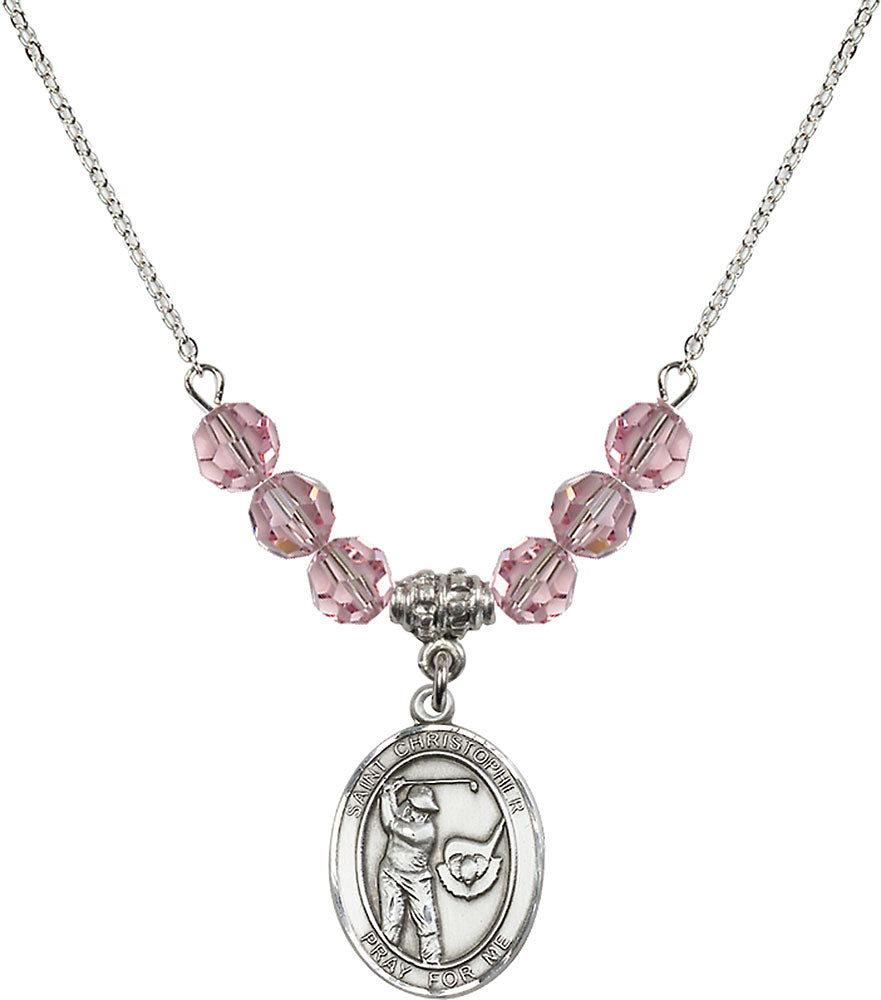 Sterling Silver Saint Christopher/Golf Birthstone Necklace with Light Rose Beads - 8506
