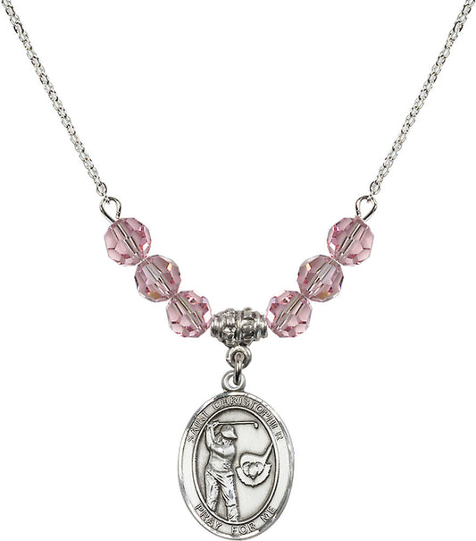 Sterling Silver Saint Christopher/Golf Birthstone Necklace with Light Rose Beads - 8506