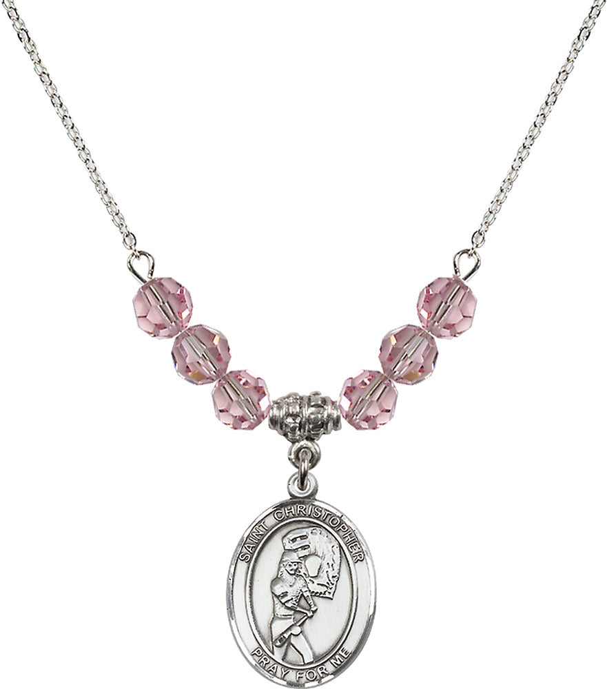 Sterling Silver Saint Christopher/Softball Birthstone Necklace with Light Rose Beads - 8507