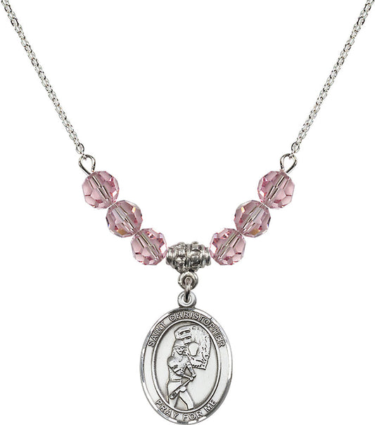Sterling Silver Saint Christopher/Softball Birthstone Necklace with Light Rose Beads - 8507