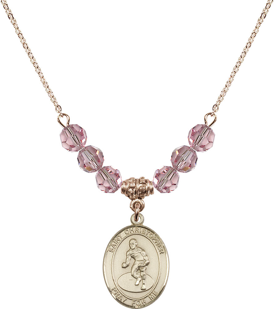 14kt Gold Filled Saint Christopher/Wrestling Birthstone Necklace with Light Rose Beads - 8508