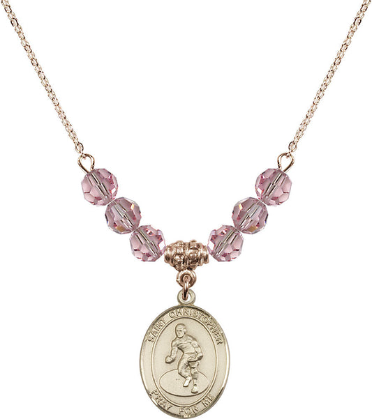 14kt Gold Filled Saint Christopher/Wrestling Birthstone Necklace with Light Rose Beads - 8508
