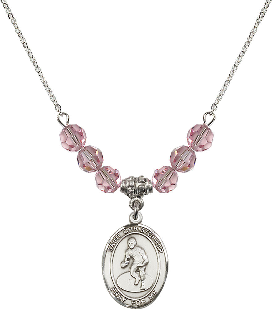 Sterling Silver Saint Christopher/Wrestling Birthstone Necklace with Light Rose Beads - 8508
