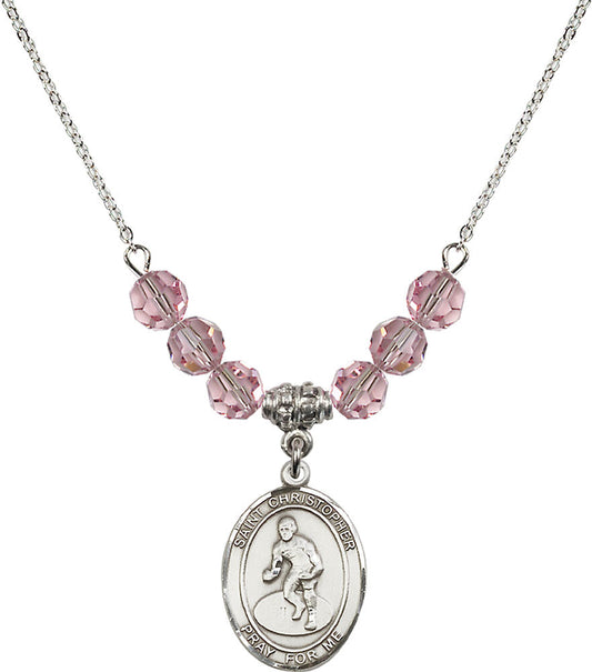 Sterling Silver Saint Christopher/Wrestling Birthstone Necklace with Light Rose Beads - 8508