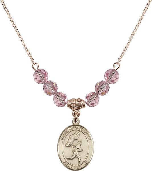 14kt Gold Filled Saint Christopher/Track&Field-Men Birthstone Necklace with Light Rose Beads - 8509