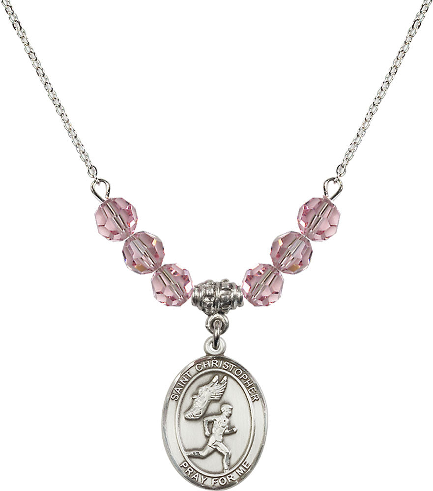 Sterling Silver Saint Christopher/Track&Field-Men Birthstone Necklace with Light Rose Beads - 8509