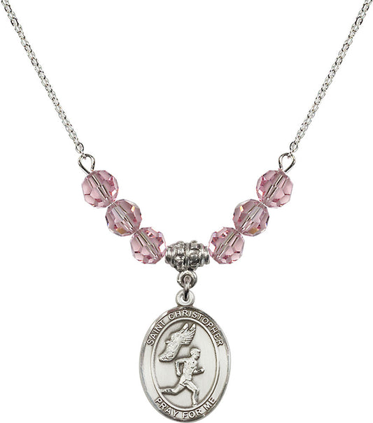 Sterling Silver Saint Christopher/Track&Field-Men Birthstone Necklace with Light Rose Beads - 8509