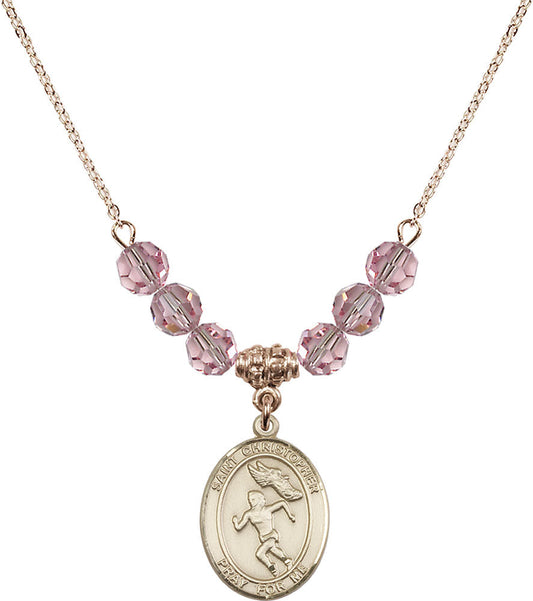 14kt Gold Filled Saint Christopher/Track&Field-Women Birthstone Necklace with Light Rose Beads - 8510