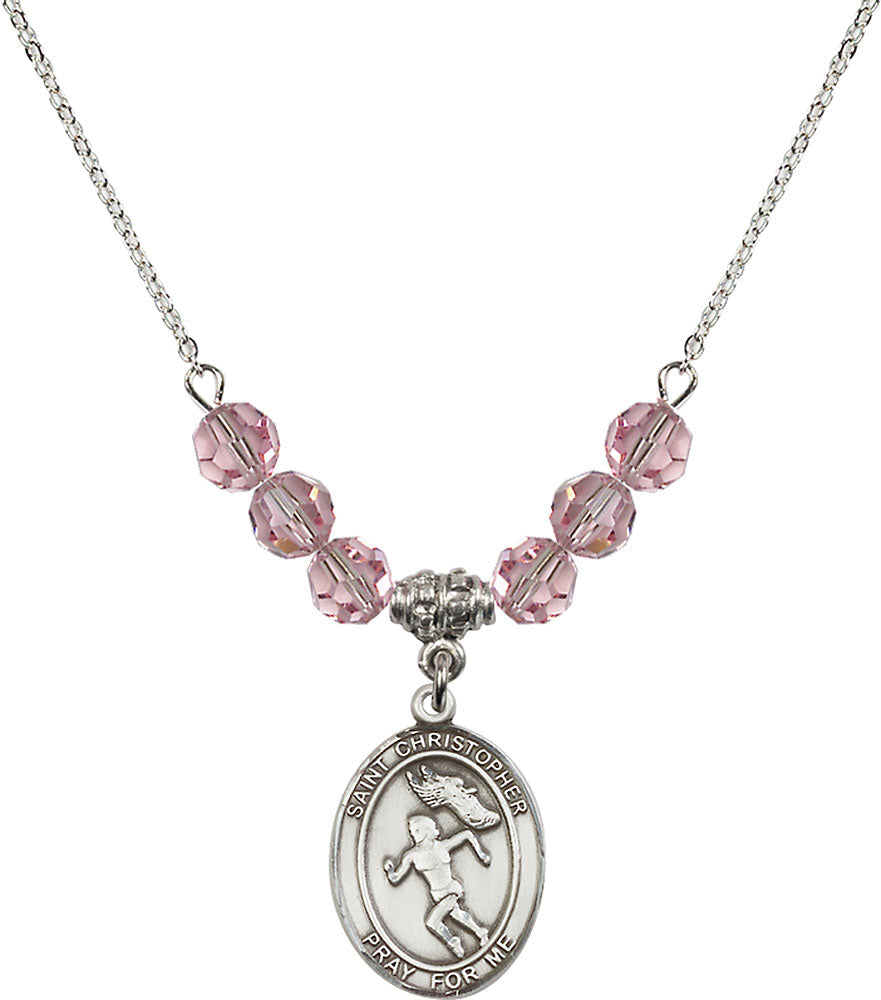 Sterling Silver Saint Christopher/Track&Field-Women Birthstone Necklace with Light Rose Beads - 8510
