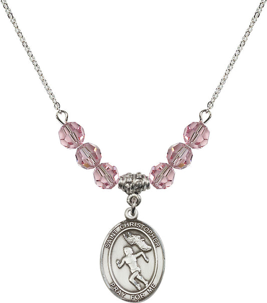 Sterling Silver Saint Christopher/Track&Field-Women Birthstone Necklace with Light Rose Beads - 8510