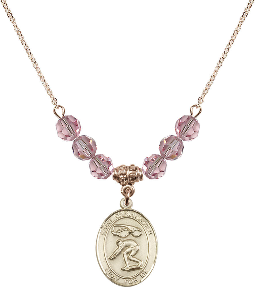 14kt Gold Filled Saint Christopher/Swimming Birthstone Necklace with Light Rose Beads - 8511