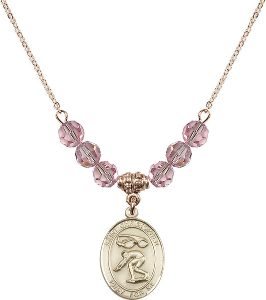 14kt Gold Filled Saint Christopher/Swimming Birthstone Necklace with Light Rose Beads - 8511