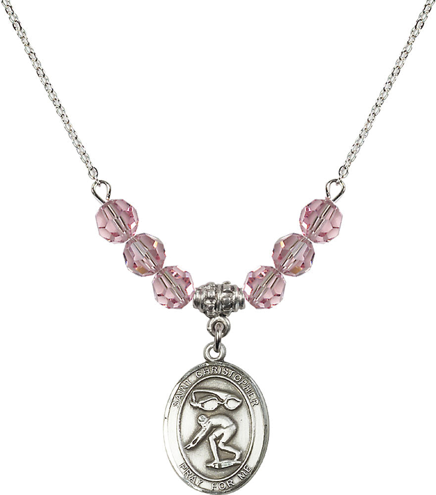 Sterling Silver Saint Christopher/Swimming Birthstone Necklace with Light Rose Beads - 8511