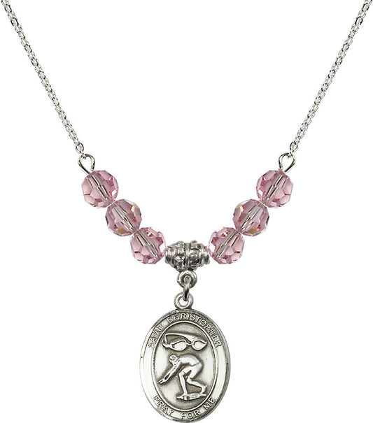 Sterling Silver Saint Christopher/Swimming Birthstone Necklace with Light Rose Beads - 8511