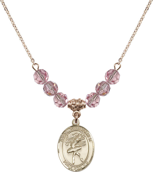 14kt Gold Filled Saint Christopher/Dance Birthstone Necklace with Light Rose Beads - 8512