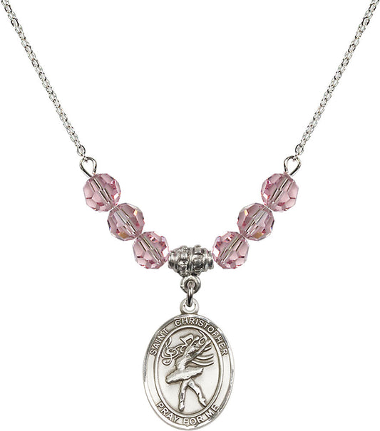 Sterling Silver Saint Christopher/Dance Birthstone Necklace with Light Rose Beads - 8512