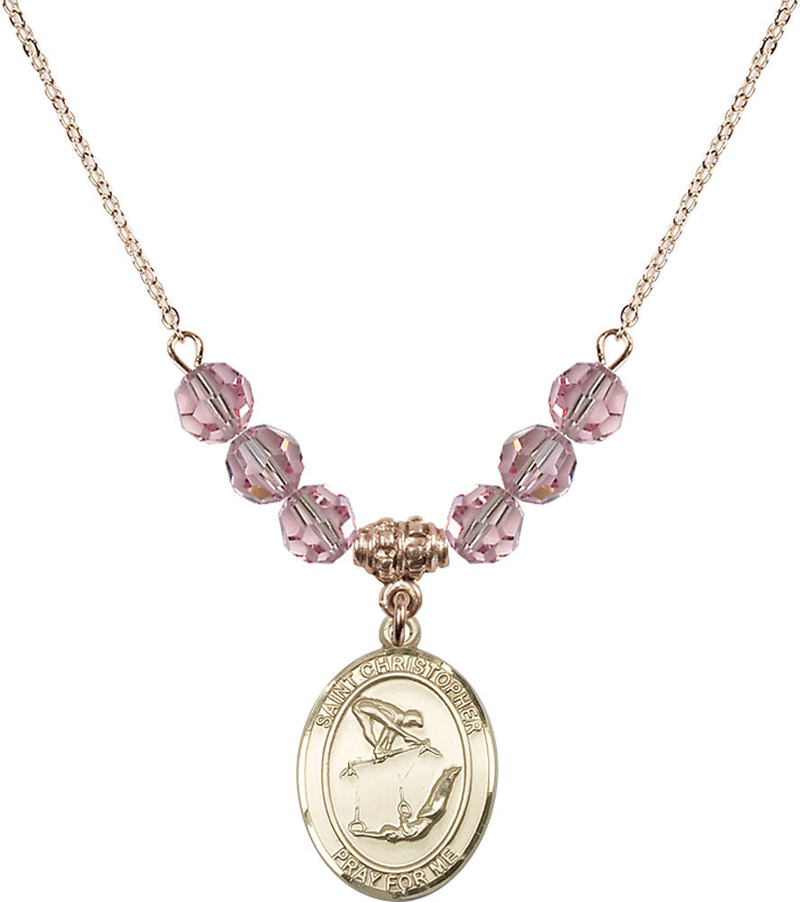 14kt Gold Filled Saint Christopher/Gymnastics Birthstone Necklace with Light Rose Beads - 8513