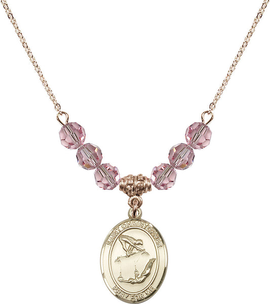 14kt Gold Filled Saint Christopher/Gymnastics Birthstone Necklace with Light Rose Beads - 8513