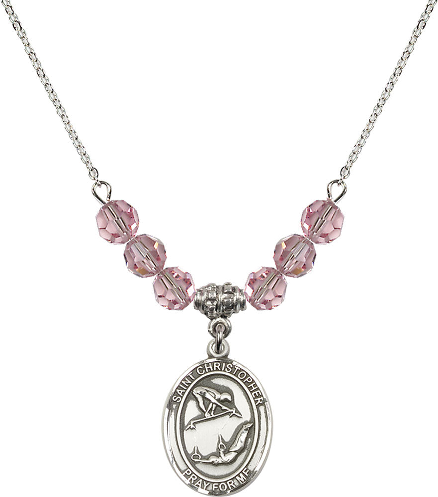 Sterling Silver Saint Christopher/Gymnastics Birthstone Necklace with Light Rose Beads - 8513