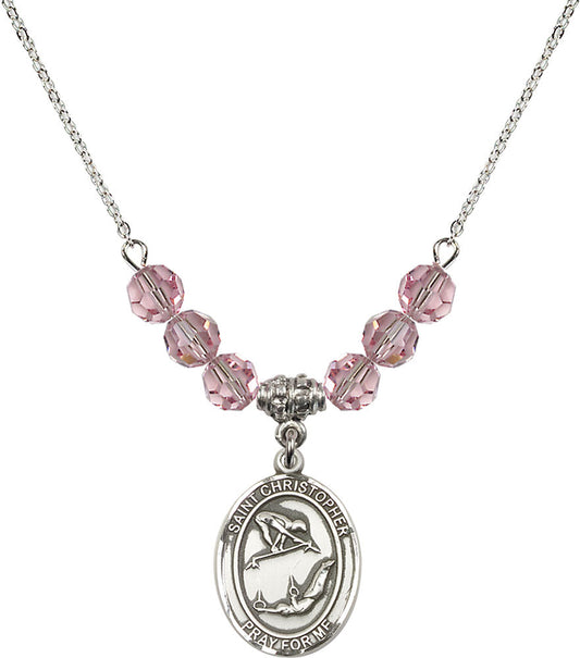 Sterling Silver Saint Christopher/Gymnastics Birthstone Necklace with Light Rose Beads - 8513