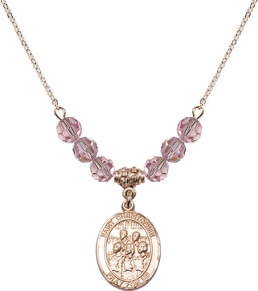 14kt Gold Filled Saint Christopher / Choir Birthstone Necklace with Light Rose Beads - 8514