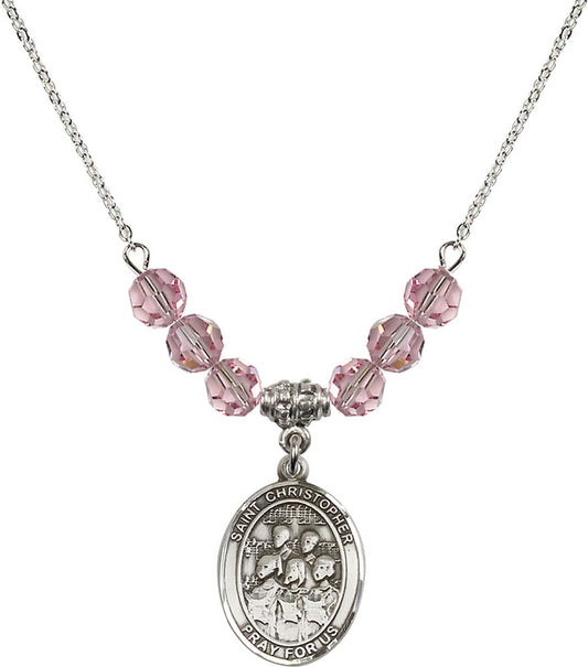 Sterling Silver Saint Christopher / Choir Birthstone Necklace with Light Rose Beads - 8514