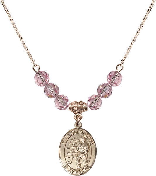 14kt Gold Filled Saint Christopher / Karate Birthstone Necklace with Light Rose Beads - 8515