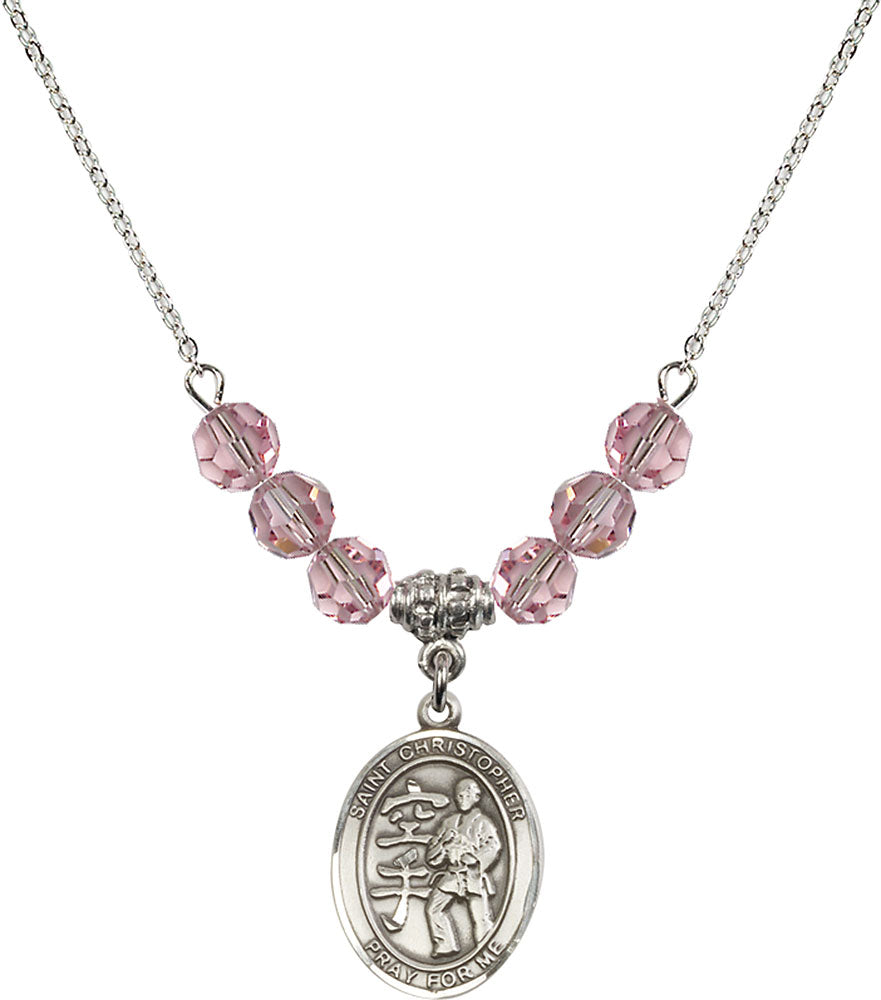 Sterling Silver Saint Christopher / Karate Birthstone Necklace with Light Rose Beads - 8515
