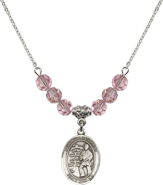 Sterling Silver Saint Christopher / Karate Birthstone Necklace with Light Rose Beads - 8515