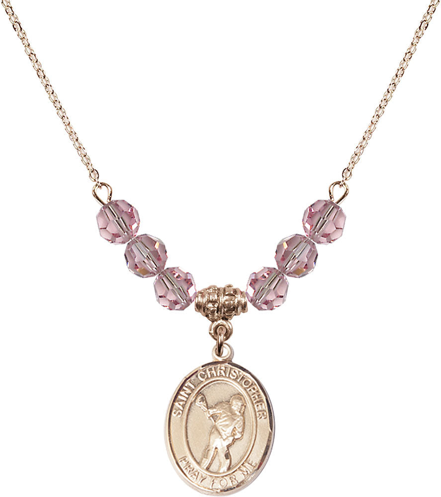 14kt Gold Filled Saint Christopher/Lacrosse Birthstone Necklace with Light Rose Beads - 8516