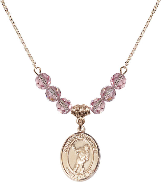 14kt Gold Filled Saint Christopher/Lacrosse Birthstone Necklace with Light Rose Beads - 8516