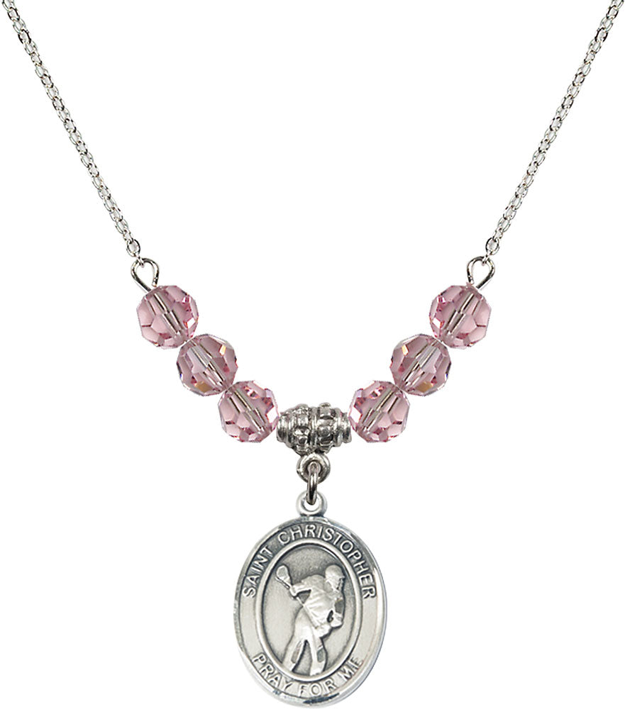 Sterling Silver Saint Christopher/Lacrosse Birthstone Necklace with Light Rose Beads - 8516