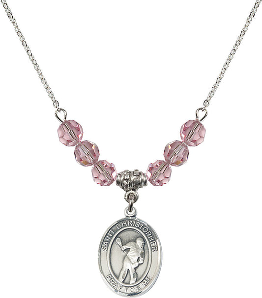 Sterling Silver Saint Christopher/Lacrosse Birthstone Necklace with Light Rose Beads - 8516