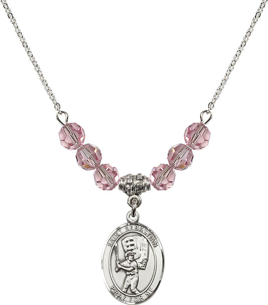 Sterling Silver Saint Sebastian / Baseball Birthstone Necklace with Light Rose Beads - 8600