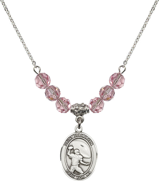 Sterling Silver Saint Sebastian / Football Birthstone Necklace with Light Rose Beads - 8601