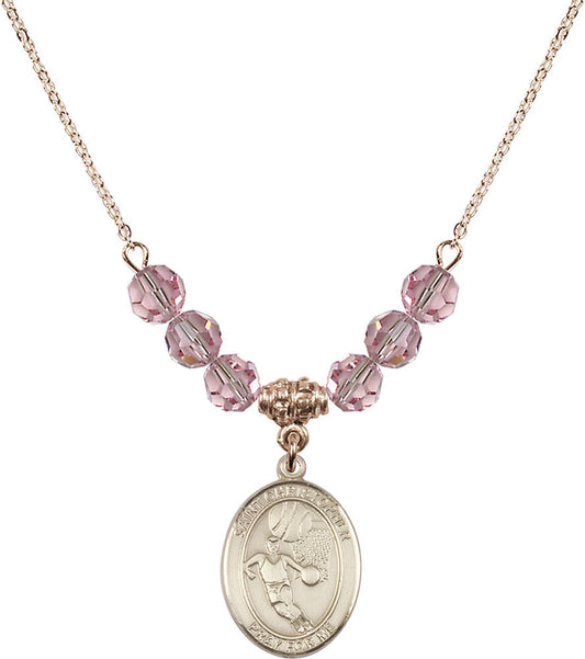 14kt Gold Filled Saint Sebastian/Basketball Birthstone Necklace with Light Rose Beads - 8602