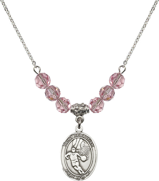 Sterling Silver Saint Sebastian/Basketball Birthstone Necklace with Light Rose Beads - 8602