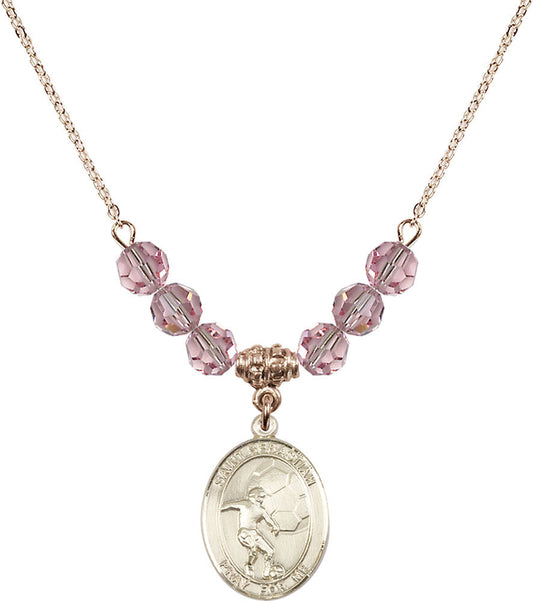 14kt Gold Filled Saint Sebastian / Soccer Birthstone Necklace with Light Rose Beads - 8603