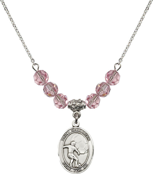 Sterling Silver Saint Sebastian / Soccer Birthstone Necklace with Light Rose Beads - 8603
